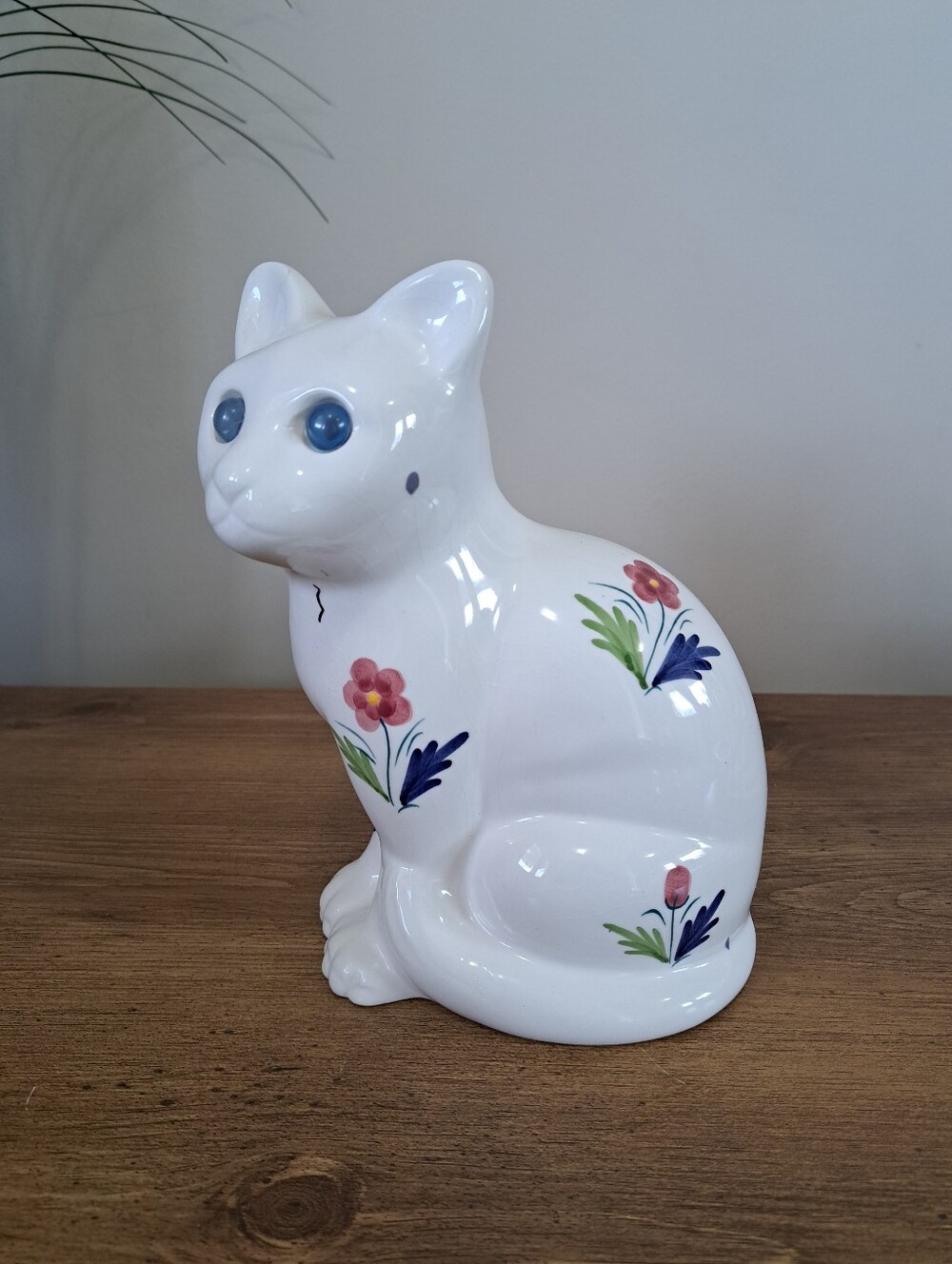 Vintage Ceramic Cat Made In Portugal Painted Floral Flowers Folk Art Decor